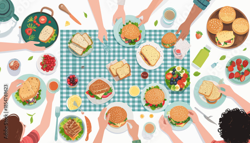 A diverse group of people enjoying a delicious and healthy picnic spread with sandwiches, fruits, and drinks