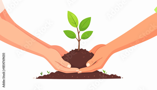 Human hands gently cradle a vibrant young plant growing from fertile soil, symbolizing new life, sustainable growth, environmental care, and the nurturing connection to nature