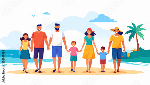 Cheerful extended family and friends enjoying a summer holiday trip, walking along the seashore together