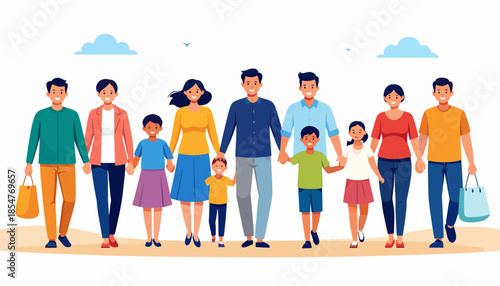 Vector illustration of a large, happy multi-generational family group walking forward together, symbolizing unity, community, and connection