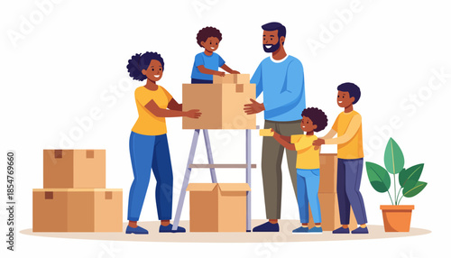 Happy African American family with three children unpacking moving boxes together in their new home, a joyful illustration of a new beginning