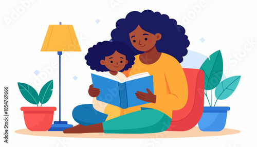 A mother and daughter sharing a special moment reading a book together at home surrounded by plants and a lamp