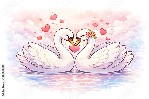 Loving swans in heart-shaped formation