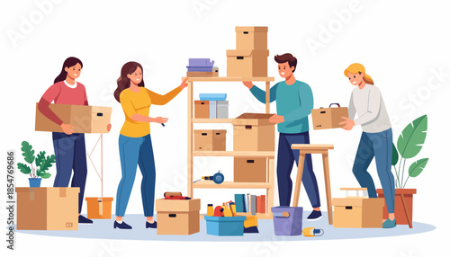 A cheerful group of people helping each other with packing and storing items in cardboard boxes on shelves, representing teamwork and a new beginning