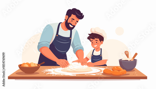 Loving father and his young son happily baking together in the kitchen, kneading dough on a floury wooden table