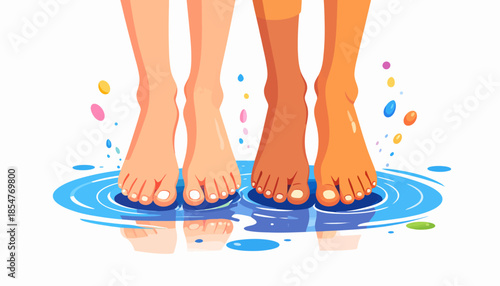 A clean vector illustration showing a barefoot couple with diverse skin tones enjoying a playful moment together in a puddle of water