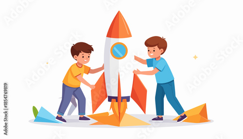 Creative illustration of two friends starting a toy rocket, representing childhood imagination and the dream of space travel