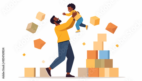 Father playfully tossing his child up in the air, surrounded by building blocks, symbolizing childhood development and family bonding