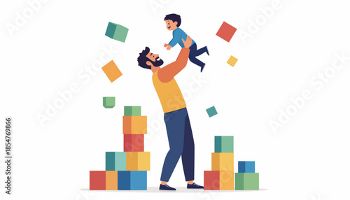 Dynamic illustration of a loving father playfully lifting his cheerful son amidst colorful building blocks, capturing heartwarming family moments and joyful childhood development