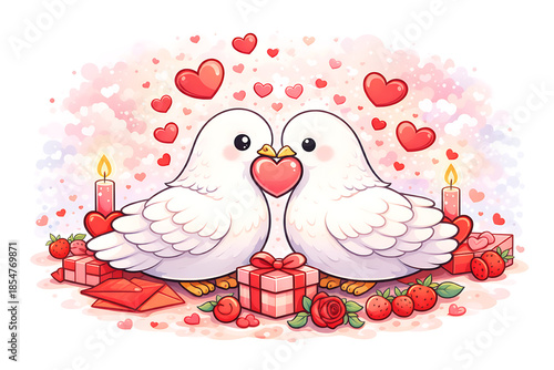 Two doves celebrating love with gifts and candles