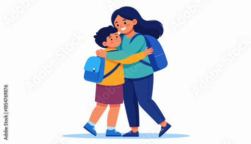 A mother embraces her son with love and affection before he heads off to school, symbolizing their bond and her support