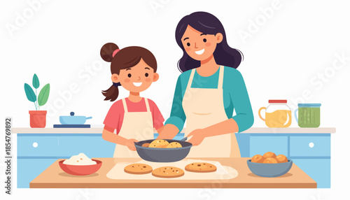 Mother and daughter in the kitchen preparing food together, enjoying quality family time and learning new skills