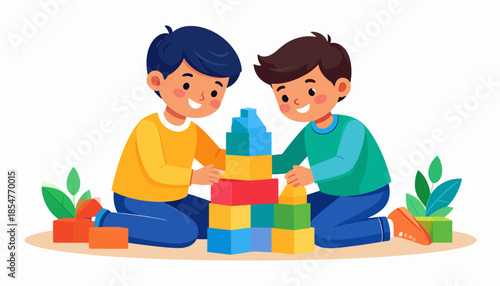 Two happy young boys playing with colorful building blocks, constructing a tower together, symbolizing friendship and childhood fun