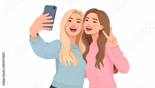 Joyful best friends capturing a happy memory together, smiling and posing for a fun self-portrait using a mobile phone, celebrating friendship and connection