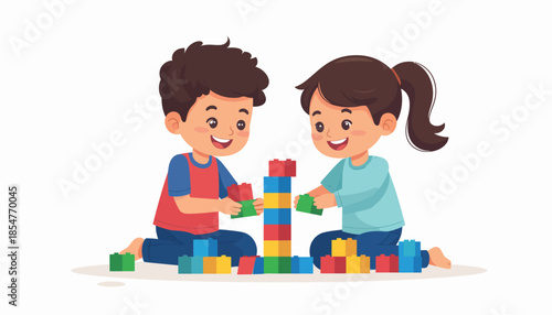 Two cheerful children happily building a tower with colorful toy blocks on a white background, illustration