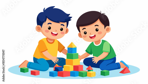 Two young boys happily building a colorful tower with toy blocks, showcasing childhood fun and creative play