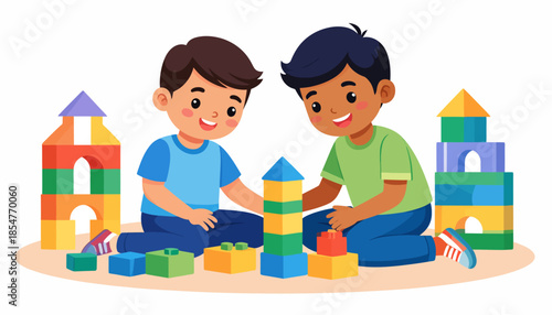 Two young boys happily playing together with colorful building blocks, fostering creativity and imagination