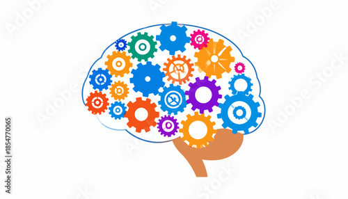 Colorful gears and cogs working together inside a human brain silhouette, symbolizing intelligence, innovation, and mental processes