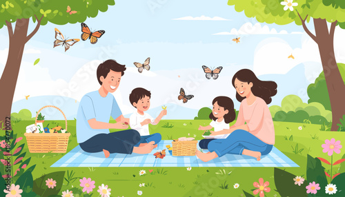Cheerful family of four on an outdoor picnic, creating happy memories and bonding in a beautiful spring park with butterflies