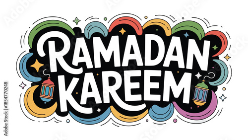 Ramadan Kareem Illustration: A vibrant and colorful graphic design spelling out Ramadan Kareem with artistic flair, ideal for commemorating the holy month.