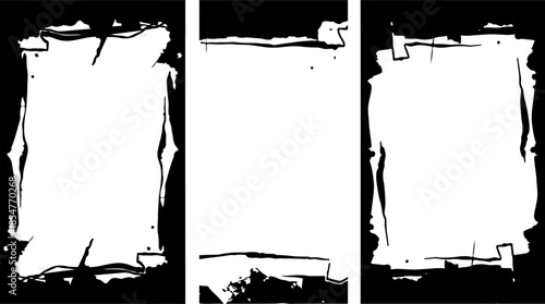 Three white rectangular frames with black border and ripped edges