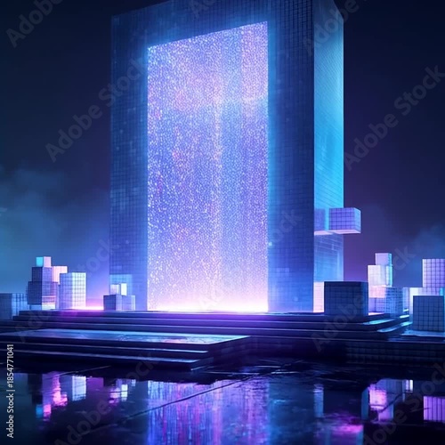 Futuristic sci-fi portal with glowing neon lights, floating cubes and shimmering digital particles