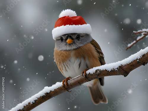 A little bird wearing a Christmas hat perches on a branch with snow