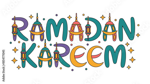 Ramadan Kareem illustration: This vibrant illustration celebrates the spirit of Ramadan, featuring ornate lanterns, and the crescent moon in a colorful design.
