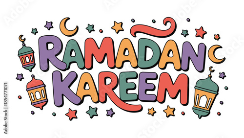 Ramadan Kareem illustration: Colorful illustration that embodies the spirit of the holy month. Featuring the greeting 'Ramadan Kareem' amidst a charming arrangement of celestial elements.