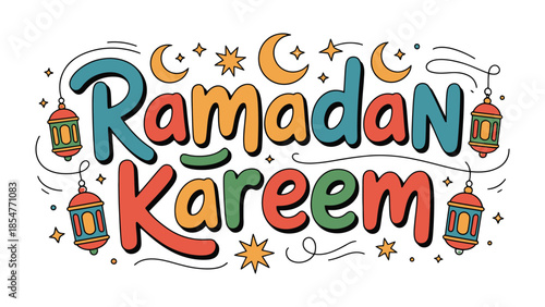 Ramadan Kareem Illustration: Festive calligraphy announces the arrival of Ramadan Kareem with vibrant colors and traditional elements.