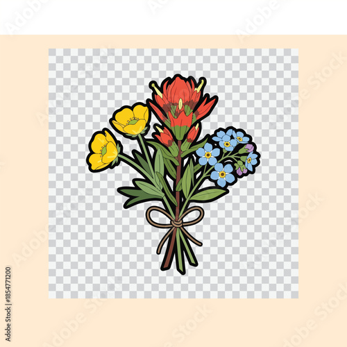 Colorful bouquet of flowers with red, yellow and blue blooms on green stems