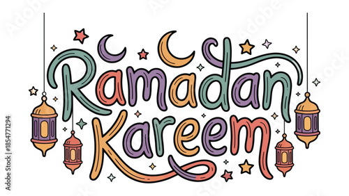 Ramadan Kareem Illustration: Colorful illustration celebrating the holy month of Ramadan, with festive decorations and calligraphy.