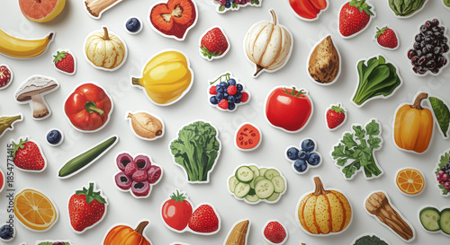 Vibrant assortment of colorful fruit and vegetable sticker illustrations on white background for healthy food and nutrition concepts