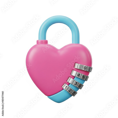 Pink heart-shaped lock with combination dial on white background viewed from the front