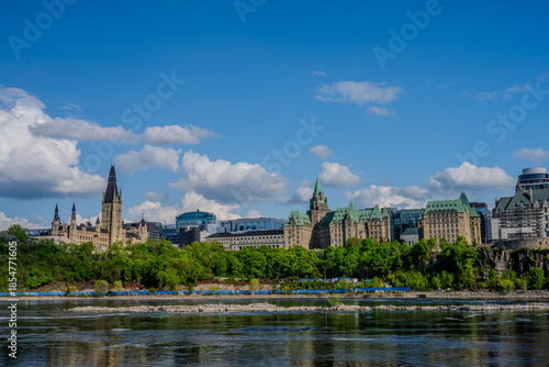Ottawa river view of Canadian Parliament buildings and downtown skyline