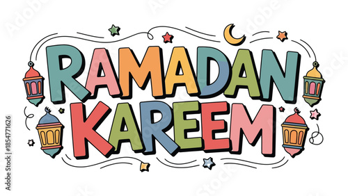 Ramadan Kareem: A vibrant and colorful illustration of the greeting Ramadan Kareem, adorned with festive elements such as lanterns, stars, and a crescent moon, reflecting the spirit of the holy month.