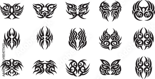 A diverse set of stylized tribal art vector designs, featuring intricate abstract patterns and decorative elements perfect for contemporary graphic projects