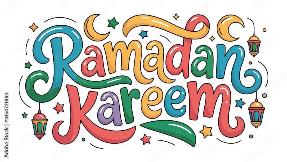 Φωτογραφία Ramadan Kareem: A vibrant and colorful illustration of the greeting Ramadan Kareem, featuring a festive arrangement of crescent moons, stars, and lanterns