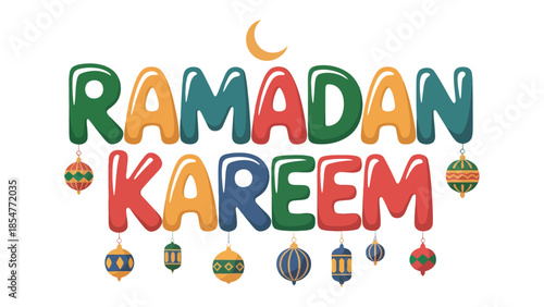 Ramadan Kareem Illustration: Festive and colorful Ramadan Kareem message, a symbol of Islamic culture, presented with a vibrant crescent moon and adorned with decorative lanterns.