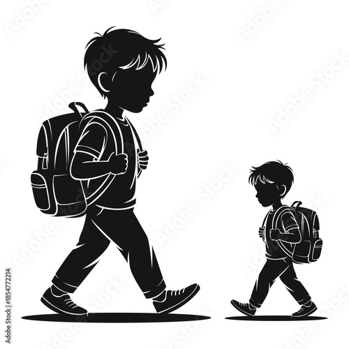 Silhouette of two boys with backpacks walking to school, Back to school vector illustration of big and little brother, Little student boy walking with backpack silhouette icon, Minimalist black 