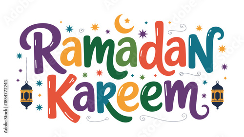 Ramadan Kareem: A vibrant and colorful illustration conveys the spirit of Ramadan Kareem with lettering, Crescent Moon and stars.
