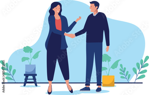 Man and woman handshake - Two businesspeople male and female shaking hands over deal and business agreements forming partnership for company. Flat design vector illustration on white background.