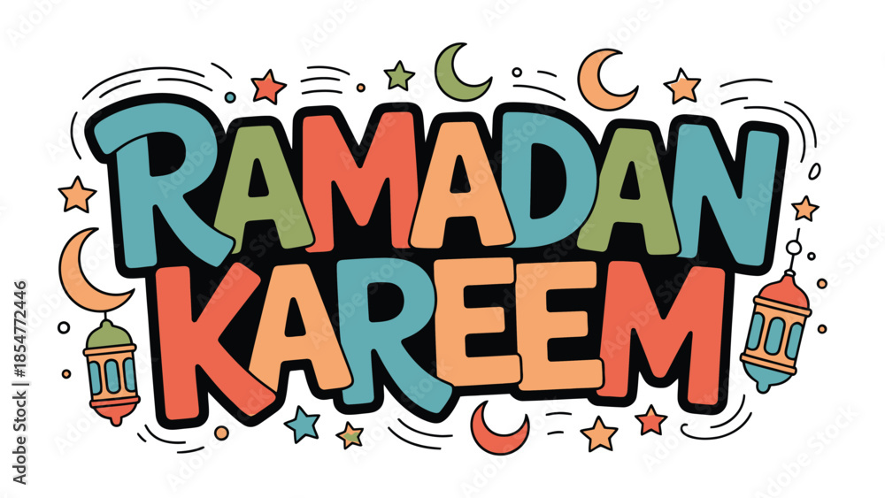 Fototapeta premium Ramadan Kareem Illustration: Colorful illustration celebrating Ramadan, featuring stylized text and traditional Islamic motifs.
