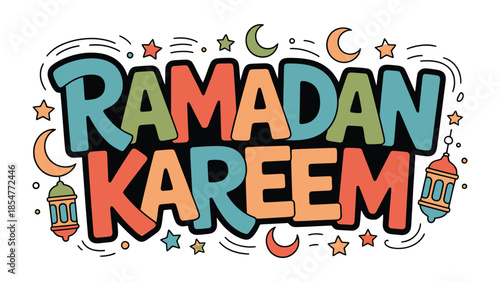 Ramadan Kareem Illustration: Colorful illustration celebrating Ramadan, featuring stylized text and traditional Islamic motifs.