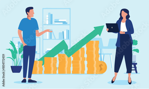 Man and woman making money - Two businesspeople in office looking at income chart with rising green arrow pointing up towards business growth and success. Flat design vector illustration