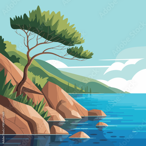 Serene Coastal Landscape Vector Illustration with Pine Tree on Rocky Cliff, Blue Ocean Water, and Lush Green Hills Background Scenery.