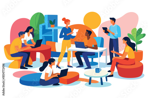 Corporate Memphis illustration of group working together in shared office environment.