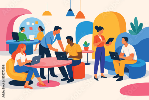 Corporate Memphis illustration of group working together in shared office environment.