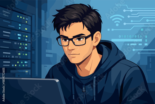 Clean vector portrait of focused male IT specialist with modern technology theme.
