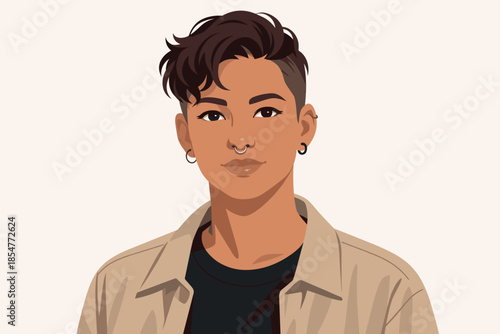 Modern vector portrait of gender inclusive person with calm expression and diversity concept.